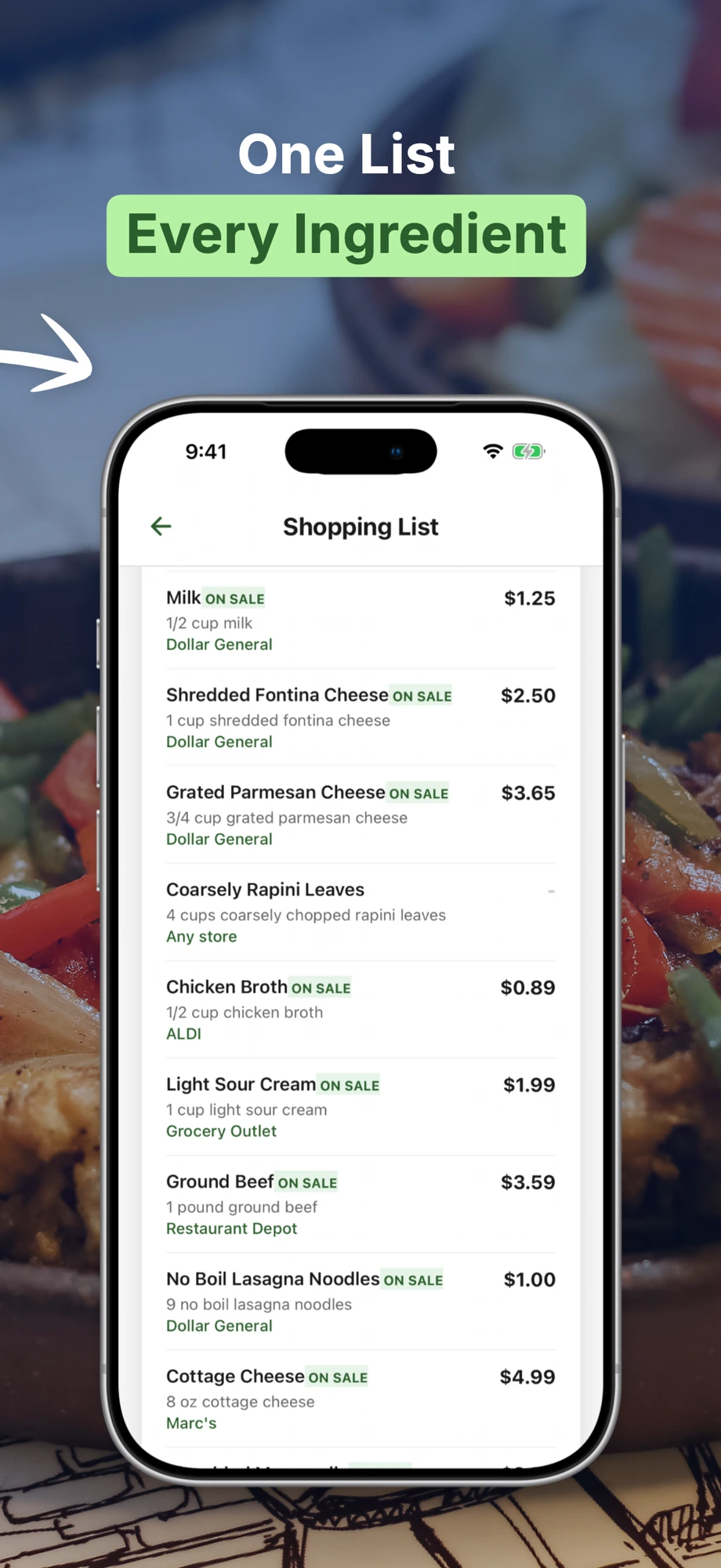 One shopping list with every ingredient
